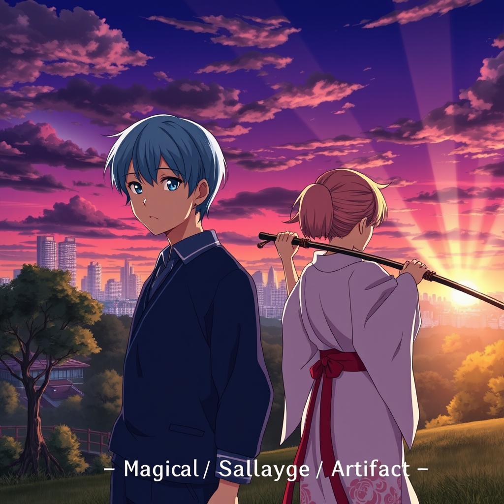 A sci-fi thriller anime scene featuring a boy with medium-length blue hair and blue eyes, wearing a blue school uniform