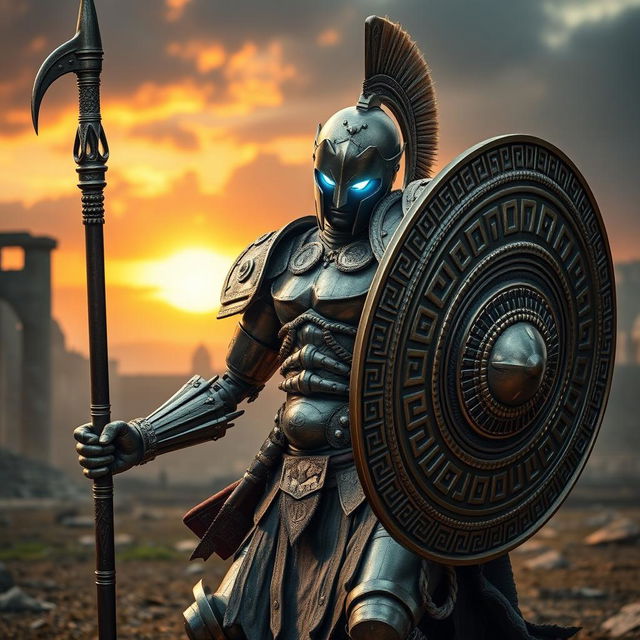 A striking depiction of an Ancient Greek Bronze Warforged Fighter, showcasing intricate details of its metallic armor designed in a classical Greek style