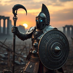 A striking depiction of an Ancient Greek Bronze Warforged Fighter, showcasing intricate details of its metallic armor designed in a classical Greek style