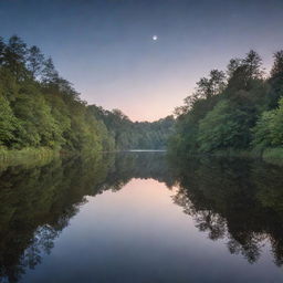 A serene landscape at dusk, featuring a peaceful lake with reflecting moonlight, surrounded by dense woodland