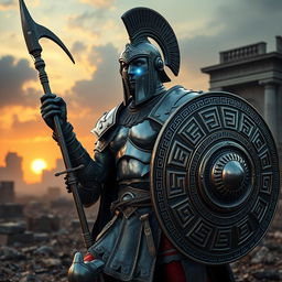 A striking depiction of an Ancient Greek Bronze Warforged Fighter, showcasing intricate details of its metallic armor designed in a classical Greek style