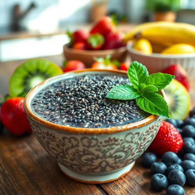 A beautifully arranged bowl of soaked chia seeds, showing their gelatinous texture and tiny black and white seeds glistening with moisture