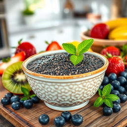 A beautifully arranged bowl of soaked chia seeds, showing their gelatinous texture and tiny black and white seeds glistening with moisture