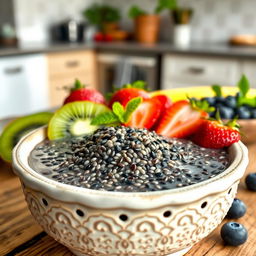 A beautifully arranged bowl of soaked chia seeds, showing their gelatinous texture and tiny black and white seeds glistening with moisture