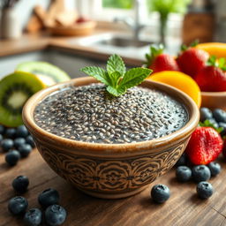 A beautifully arranged bowl of soaked chia seeds, showing their gelatinous texture and tiny black and white seeds glistening with moisture