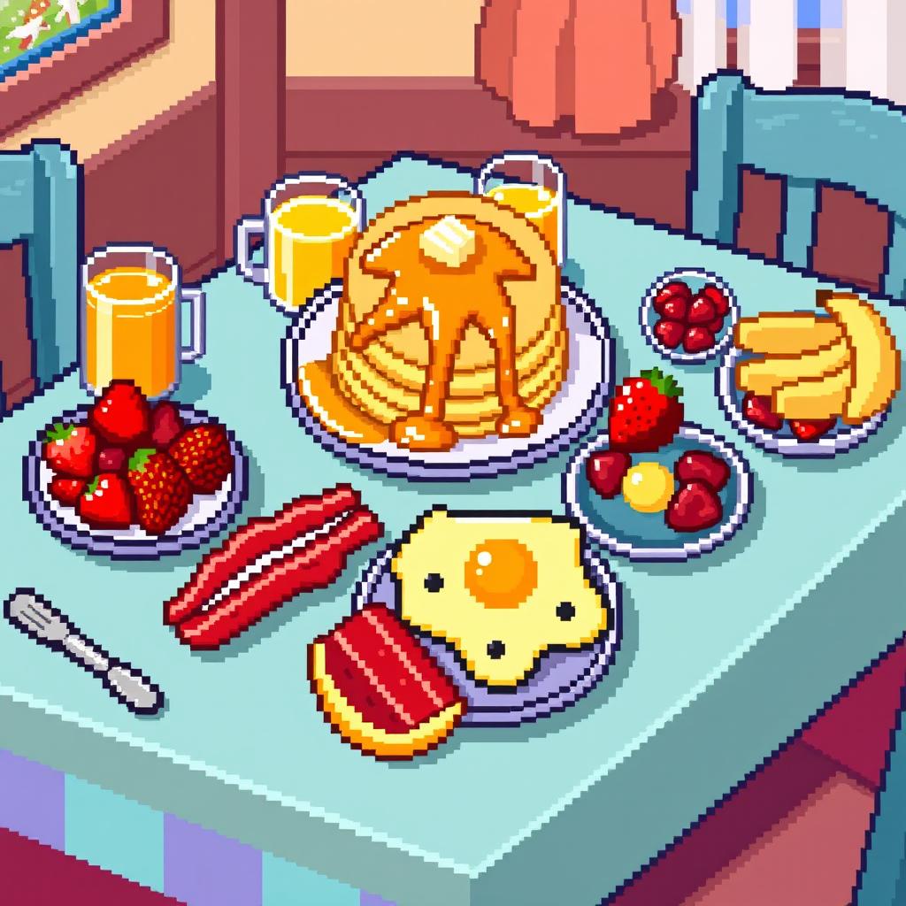 A delightful pixel art scene of a breakfast table, beautifully set with various breakfast foods