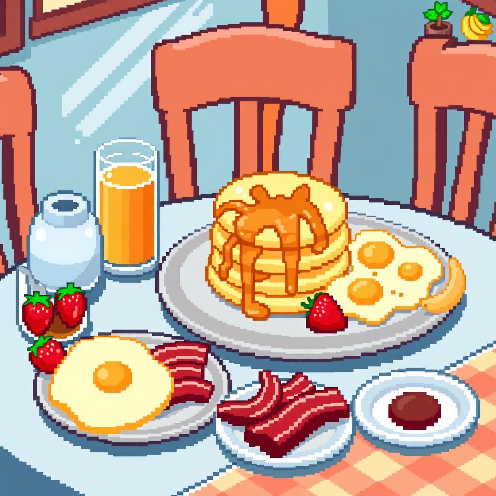 A delightful pixel art scene of a breakfast table, beautifully set with various breakfast foods