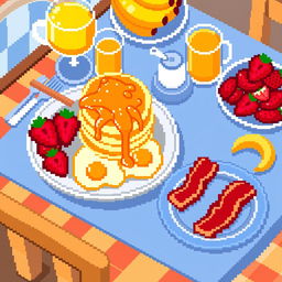 A delightful pixel art scene of a breakfast table, beautifully set with various breakfast foods