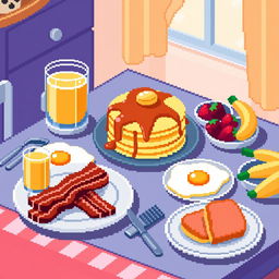 A delightful pixel art scene of a breakfast table, beautifully set with various breakfast foods