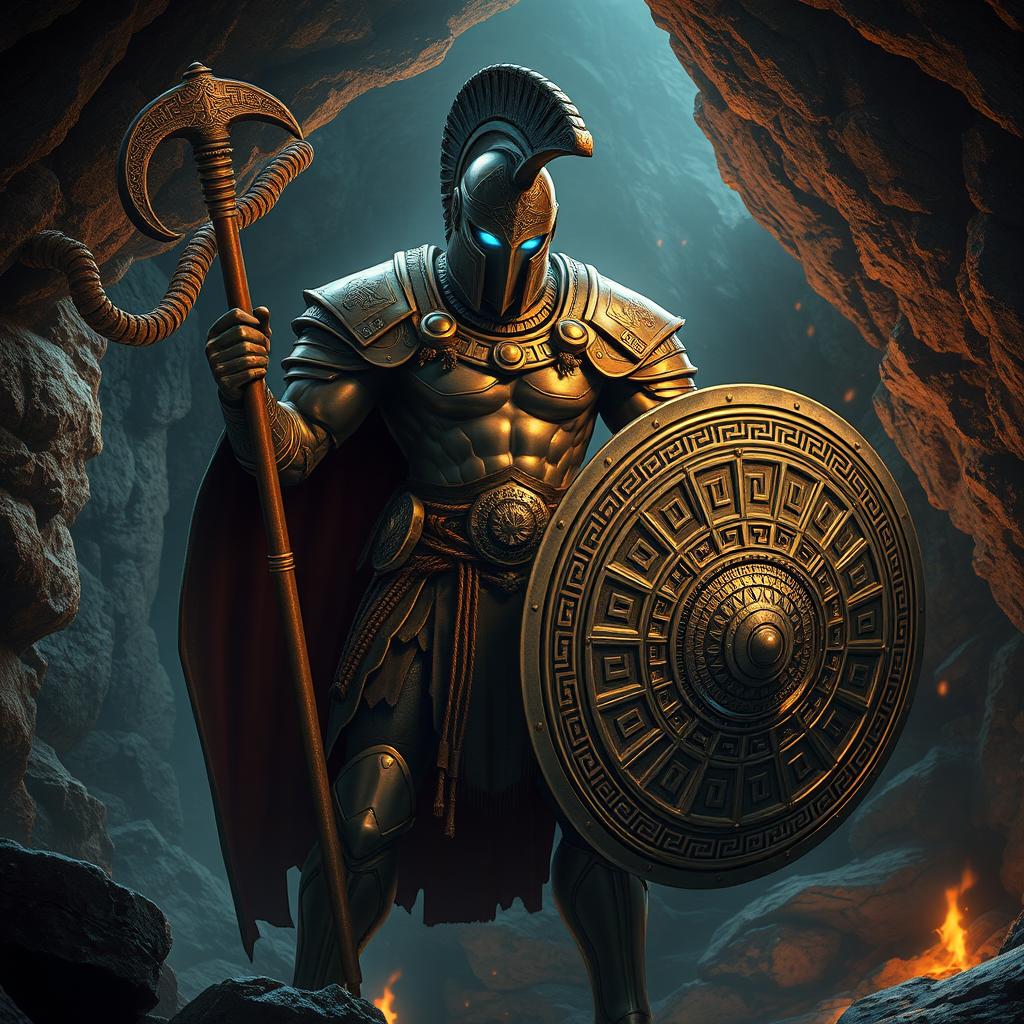 A dynamic portrayal of an Ancient Greek Bronze male Warforged Fighter, showcasing the intricate details of its masculine, metallic armor inspired by classical Greek design