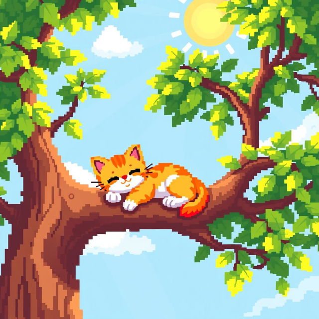 A delightful pixel art scene depicting a cute cat lounging on a pixelated tree branch, basking in the warm sunlight