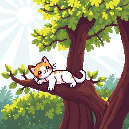 A delightful pixel art scene depicting a cute cat lounging on a pixelated tree branch, basking in the warm sunlight