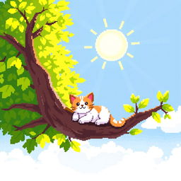 A delightful pixel art scene depicting a cute cat lounging on a pixelated tree branch, basking in the warm sunlight