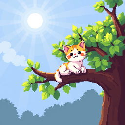 A delightful pixel art scene depicting a cute cat lounging on a pixelated tree branch, basking in the warm sunlight