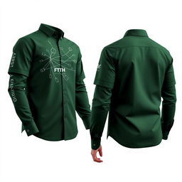 A comprehensive shirt design in dark green for professionals working in FTTH (Fiber To The Home) networks, showcasing front, side, and back views