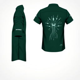 A comprehensive shirt design in dark green for professionals working in FTTH (Fiber To The Home) networks, showcasing front, side, and back views