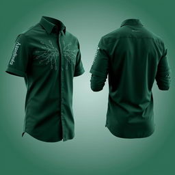 A comprehensive shirt design in dark green for professionals working in FTTH (Fiber To The Home) networks, showcasing front, side, and back views