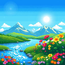 A charming pixel art scene featuring a picturesque landscape of vibrant flowers blooming along the banks of a gently flowing river