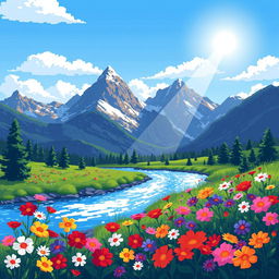 A charming pixel art scene featuring a picturesque landscape of vibrant flowers blooming along the banks of a gently flowing river