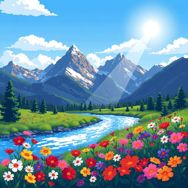 Majestic Pixel Art Landscape: Mountains & River Majestic Pixel Art Landscape: Mountains & River