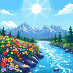 A charming pixel art scene featuring a picturesque landscape of vibrant flowers blooming along the banks of a gently flowing river