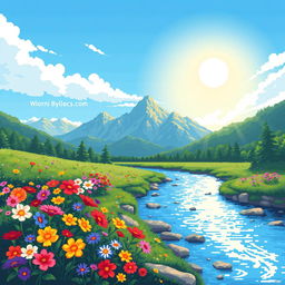 A charming pixel art scene featuring a picturesque landscape of vibrant flowers blooming along the banks of a gently flowing river