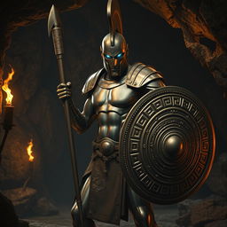 An intriguing depiction of an Ancient Greek Bronze male Warforged Fighter, uniquely envisioned without any armor, showcasing its sleek and smooth metallic body that gleams in the dim light