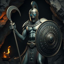 An intriguing depiction of an Ancient Greek Bronze male Warforged Fighter, uniquely envisioned without any armor, showcasing its sleek and smooth metallic body that gleams in the dim light