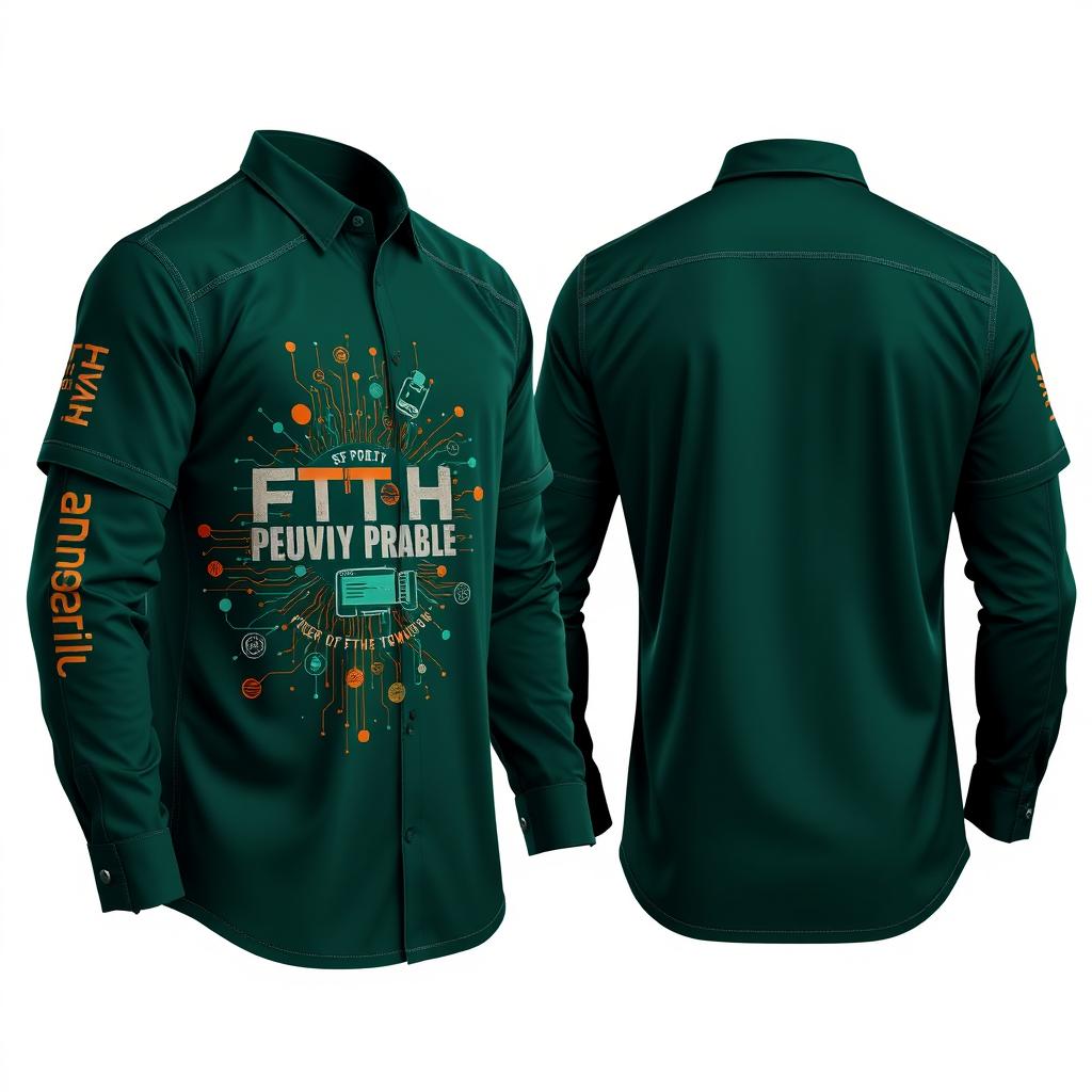 A detailed and visually captivating shirt design in dark green, featuring front, side, and back views tailored for professionals working in FTTH (Fiber To The Home) networks