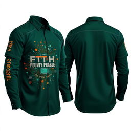 A detailed and visually captivating shirt design in dark green, featuring front, side, and back views tailored for professionals working in FTTH (Fiber To The Home) networks