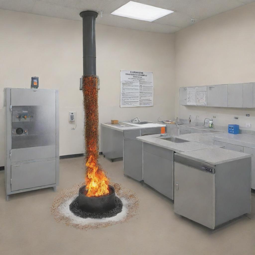 An in-depth illustration showcasing a research setting where crushed mussel shells are used as fire retardants in liquid water in fire sprinkler systems. Include lab equipment, crushed shells, a fire sprinkler system, and demonstration of the process.