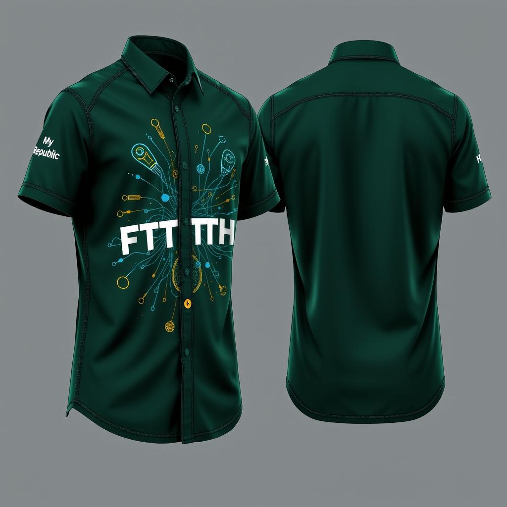 A detailed and visually captivating shirt design in dark green, featuring front, side, and back views tailored for professionals working in FTTH (Fiber To The Home) networks