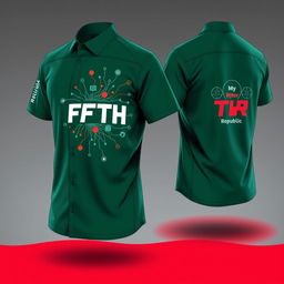 A detailed and visually captivating shirt design in dark green, featuring front, side, and back views tailored for professionals working in FTTH (Fiber To The Home) networks