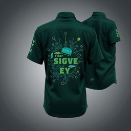 A detailed and visually captivating shirt design in dark green, featuring front, side, and back views tailored for professionals working in FTTH (Fiber To The Home) networks