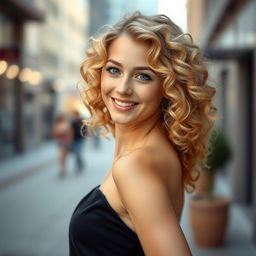 A beautiful 18-year-old blonde woman with curly hair, wearing an elegant black dress