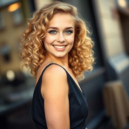 A beautiful 18-year-old blonde woman with curly hair, wearing an elegant black dress