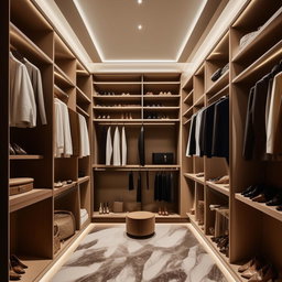 An elegantly designed walk-in closet of dimensions 3 meters by 1.2 meters, exuding sophistication with premium materials, various high-end garments, and stylish accessories.