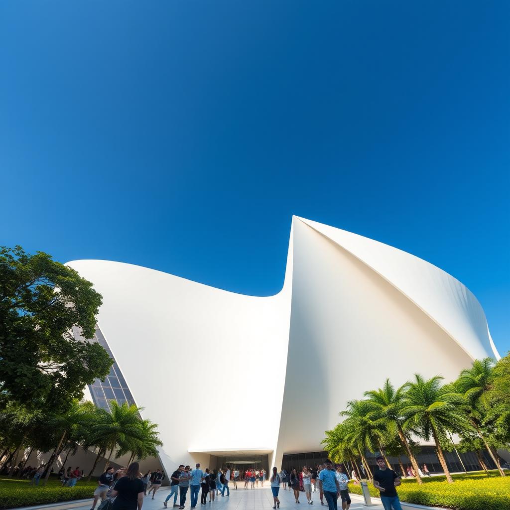 A wide angle view of the iconic Oscar Niemeyer Cultural Center in Brazil, showcasing its distinctive modern architecture characterized by smooth curves and sharp lines