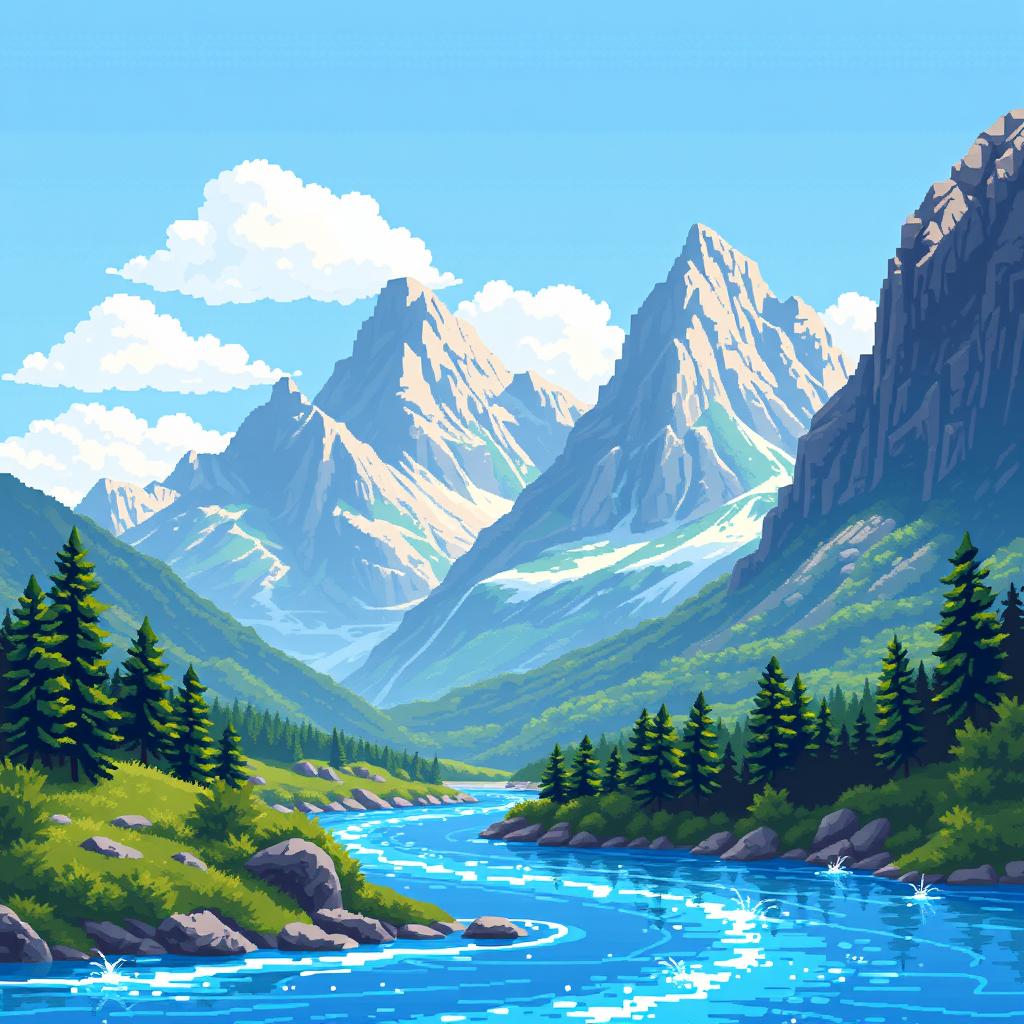 A stunning pixel art landscape showcasing majestic mountains rising in the background, with a serene river flowing gracefully through the foreground