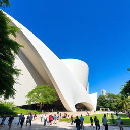 A wide angle view of the iconic Oscar Niemeyer Cultural Center in Brazil, showcasing its distinctive modern architecture characterized by smooth curves and sharp lines