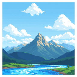 A stunning pixel art landscape showcasing majestic mountains rising in the background, with a serene river flowing gracefully through the foreground