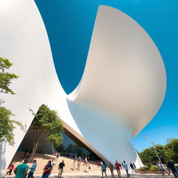 A wide angle view of the iconic Oscar Niemeyer Cultural Center in Brazil, showcasing its distinctive modern architecture characterized by smooth curves and sharp lines