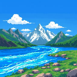 A stunning pixel art landscape showcasing majestic mountains rising in the background, with a serene river flowing gracefully through the foreground