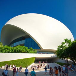 A wide angle view of the iconic Oscar Niemeyer Cultural Center in Brazil, showcasing its distinctive modern architecture characterized by smooth curves and sharp lines