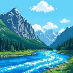 A stunning pixel art landscape showcasing majestic mountains rising in the background, with a serene river flowing gracefully through the foreground