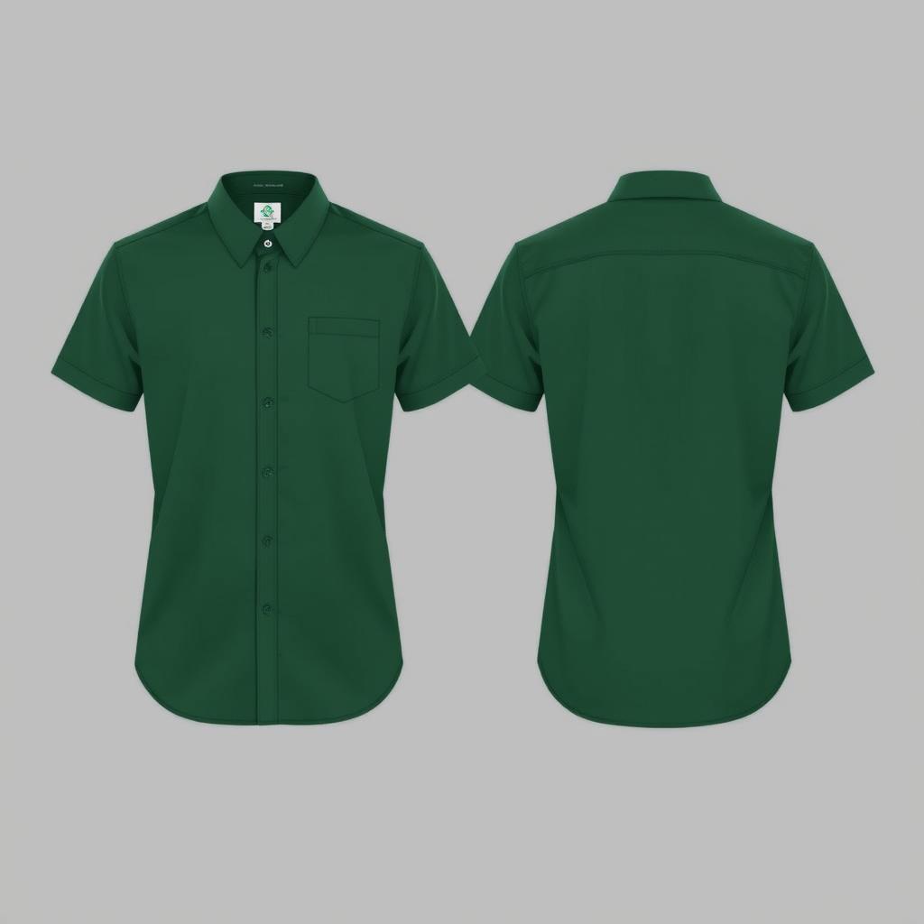 A simple and elegant shirt design in dark green, featuring front, side, and back views