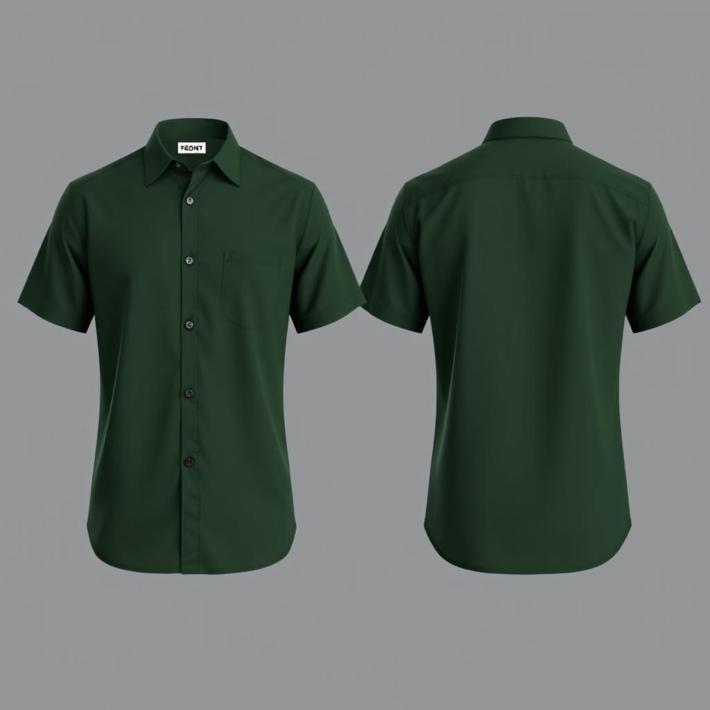 A simple and elegant shirt design in dark green, featuring front, side, and back views