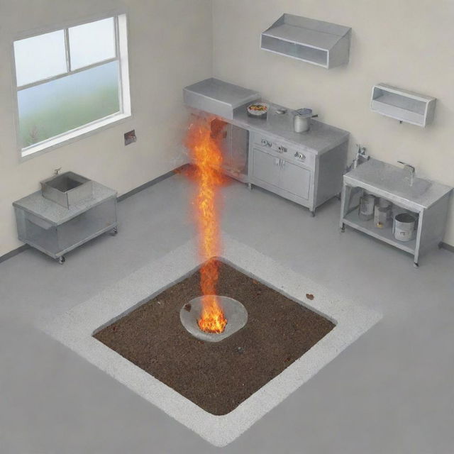 An in-depth illustration showcasing a research setting where crushed mussel shells are used as fire retardants in liquid water in fire sprinkler systems. Include lab equipment, crushed shells, a fire sprinkler system, and demonstration of the process.