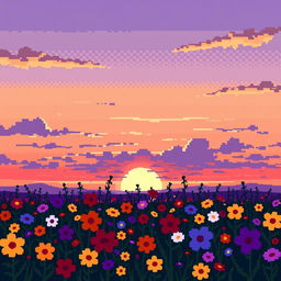 A serene pixel art scene showcasing a field of vibrant flowers silhouetted against a breathtaking sunset