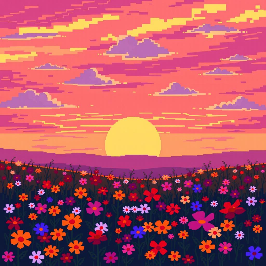 A serene pixel art scene showcasing a field of vibrant flowers silhouetted against a breathtaking sunset